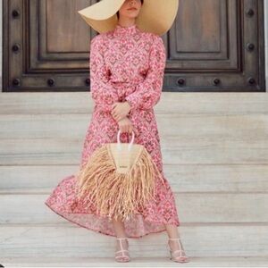 Zara Linen Blend Long Sleeve Midi Dress Floral Pink Size M NWOT